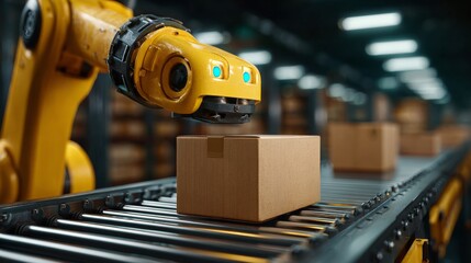 Automated robot arm moving packages in warehouse