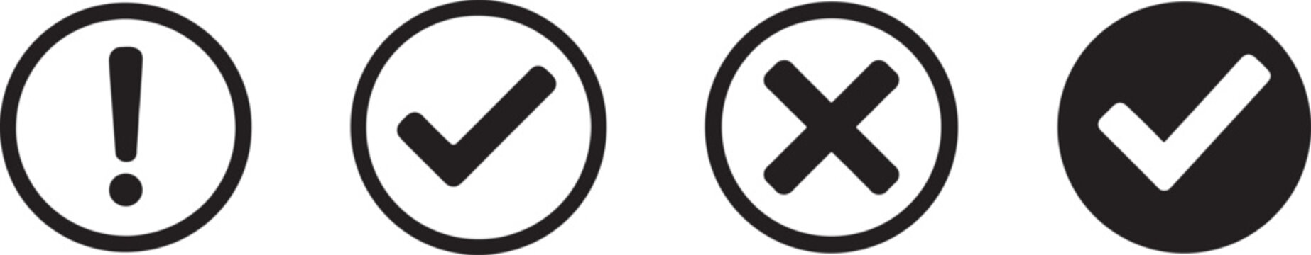  Flat round check mark, exclamation and X mark icon set in green and red vector EPS isolated on white.