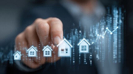 Business professional pointing at housing market growth trend with a graphic overlay of buildings and a house icon in a corporate environment