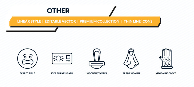 other icons set - scared smile, idea business card, wooden stamper, araba woman, grooming glove outline vector collection.
