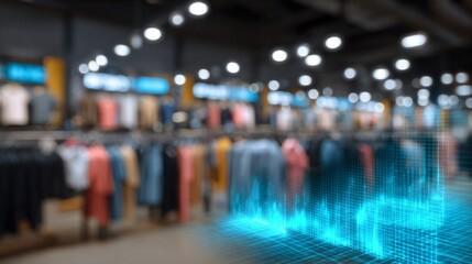 A vibrant shopping scene with graphical data overlayed on the foreground. Featuring rows of clothing and blurred background. 