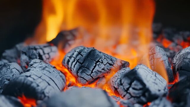 Hot charcoal briquettes glow with intense orange and red embers. Flames dance above, creating a warm and inviting atmosphere.