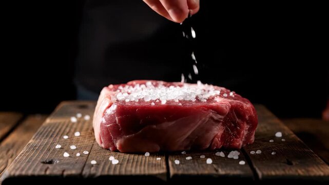 Hand sprinkling sea salt onto raw beef steak on a dark rustic wood board, concept for culinary advertising, recipe presentation and professional food blogs