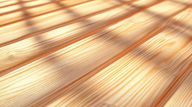 Warm wooden planks showcase natural grain patterns. Sunlight casts dynamic shadows, creating a serene ambiance.