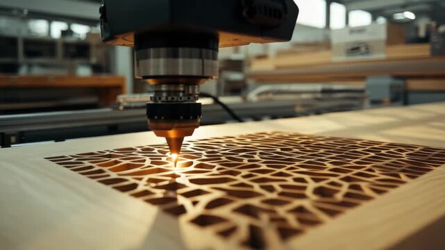 A CNC laser machine precisely cuts intricate patterns into wood. Bright light illuminates the detailed craftsmanship in a modern workshop.