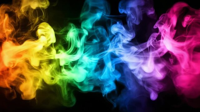 Vibrant rainbow smoke flows across a dark background. Dynamic colorful plumes create an abstract, ethereal display.