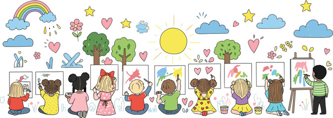 Diverse Group of Preschool Children Painting on Canvases in Outdoor Art Class Featuring Colorful Sun Rainbow Hearts and Nature Background for Educational Projects