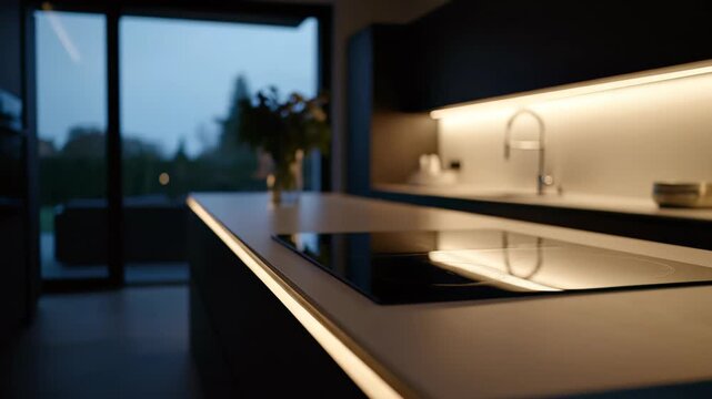 Sleek modern kitchen island illuminated by warm LED lighting at evening, featuring induction hob and window view, concept for design advertisement, architectural publication and luxury home marketing