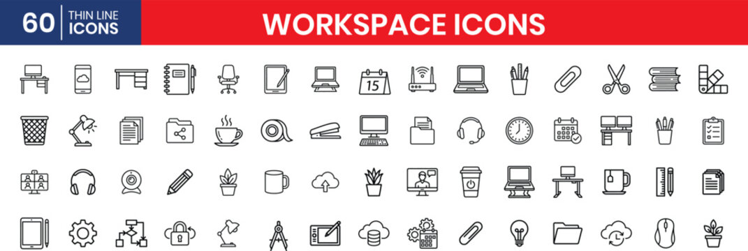 Workspace Elements Thin Line Icon Set Desk And Chair