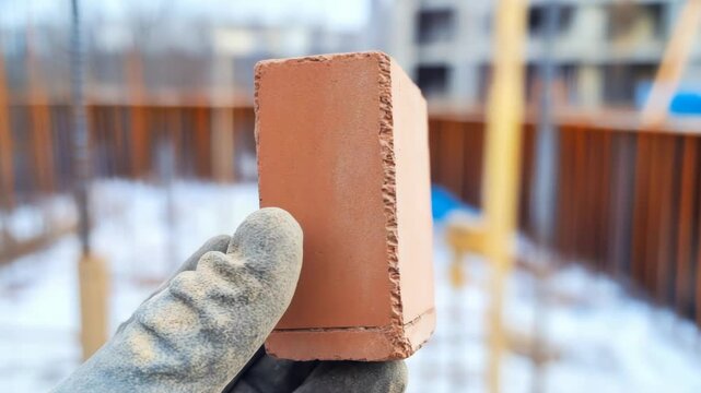 A gloved hand holds a single red brick at a construction site. This symbolizes building, progress, and the foundation of new structures.