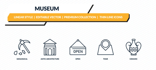 museum icons set - geological, antic architecture, open, tour, ceramic outline vector collection.
