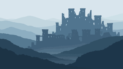 Silhouette of ancient castle ruins in a misty mountain landscape. © Gozel