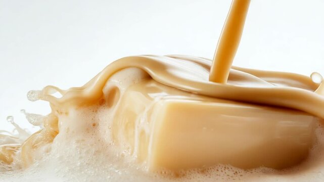 Creamy liquid splashes over a smooth, light brown block. Dynamic pour creates rich foam and captivating motion.