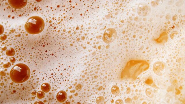 Close-up view of effervescent beer foam with dynamic bubbles. Golden liquid swirls beneath the frothy surface, creating a refreshing texture.