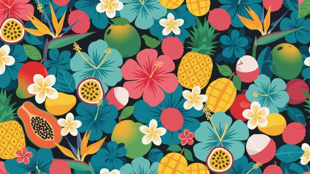 Vibrant tropical fruit and flower pattern on black background