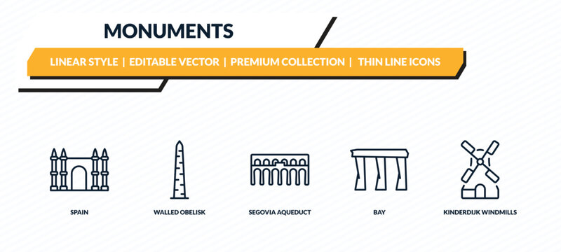 monuments icons set - spain, walled obelisk, segovia aqueduct, bay, kinderdijk windmills outline vector collection.