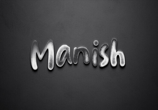 Chrome metal 3D Hindi name design of Manish on grey background.