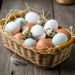 Assorted Chicken and Quail Eggs in Woven Basket on Wooden Table with Feathers
