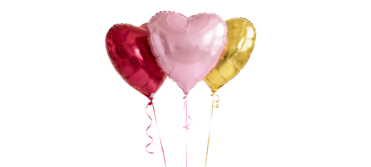 PNG image of Three shiny metallic heart shaped foil balloons in red pink and gold floating together on transparent background