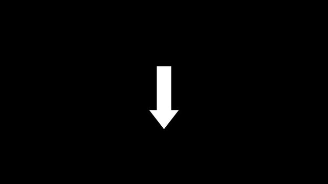 White downward arrow icon on black background representing download, decrease, decline, drop, direction, and navigation. Minimal flat design suitable for UI, web, app, business, and infographic use.
