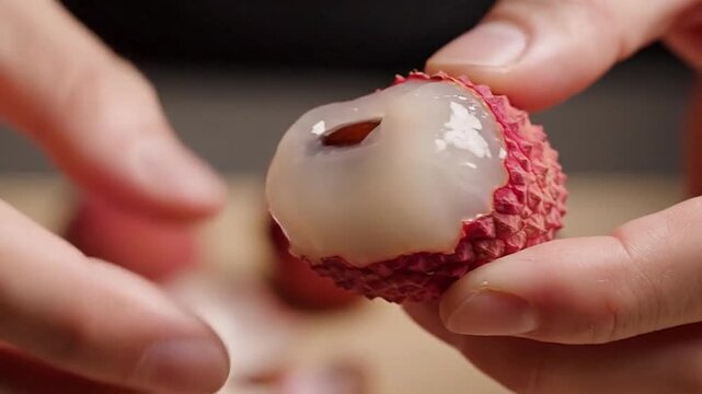 person peeling lychee fruit with fingers