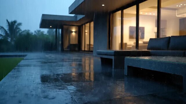 Heavy tropical rain falling on a luxury modern villa patio at dusk with warm golden interior lights reflecting on wet dark stone tiles, creating a moody and peaceful atmosphere in a garden.
