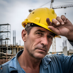 Mature male construction worker in yellow hard hat and blue uniform at building site with crane