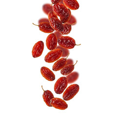 Vibrant Red Dried Goji Berries Scattered Vertically with Stems and Shadows on White