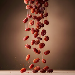 Raisins Falling in Air, Red and Brown Dried Fruit in Motion, Healthy Snack Food