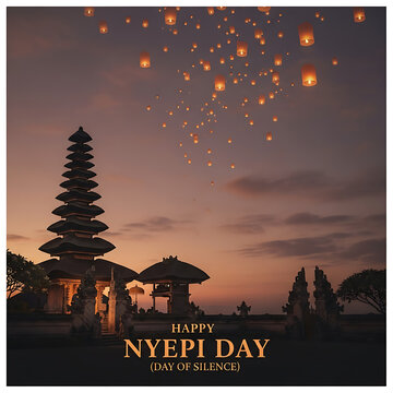 Enchanting dusk scene at a traditional Indonesian temple, illuminated by countless floating lanterns, marking a sacred day of reflection