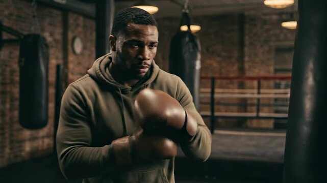 Man practices boxing in training gym, focusing on punches and movement. Setting includes inner walls and training equipment. Concept of fitness, sports training, boxing clubs
