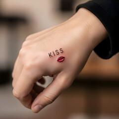 Small tattoo on hand with the word KISS and red lips