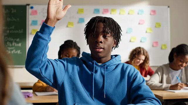 Student raising hand to ask question during class. Bright classroom setting with students focusing on work. Concept of education, learning engagement, classroom interaction