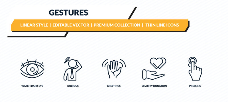 gestures icons set - watch dark eye, dubious, greetings, charity donation, pressing outline vector collection.