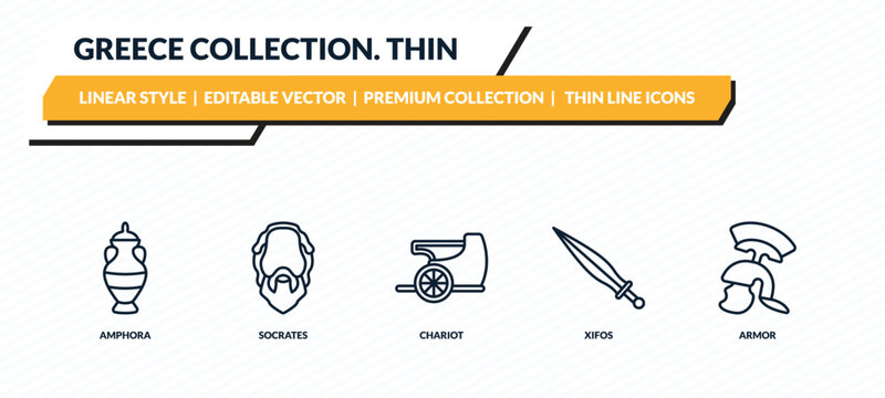 greece collection. thin icons set - amphora, socrates, chariot, xifos, armor outline vector collection.