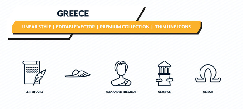 greece icons set - letter quill, , alexander the great, olympus, omega outline vector collection.