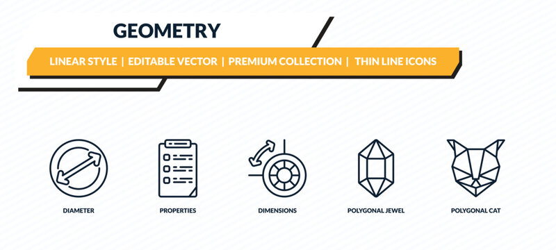 geometry icons set - diameter, properties, dimensions, polygonal jewel, polygonal cat outline vector collection.