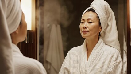 Woman applying skincare in bathroom mirror. Sequence shows different expressions and moments. Location is modern bathroom with steam and soft lighting