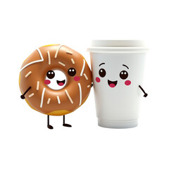 A cartoon donut and a disposable cup with happy faces on transparent background