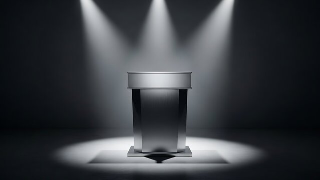 Glass trophy case on spotlighted stage, empty award pedestal