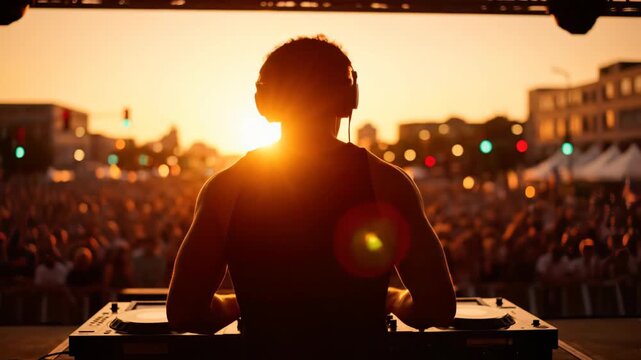 Silhouette of a professional DJ mixing music on stage during sunset facing an immense cheering crowd, concept for music promotion, live performance visuals and entertainment advertising