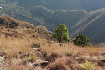 Panoramic view from a rocky mountain summit overlooking a rural town and terraced fields in...