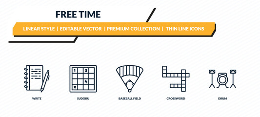 free time icons set - write, sudoku, baseball field, crossword, drum outline vector collection.