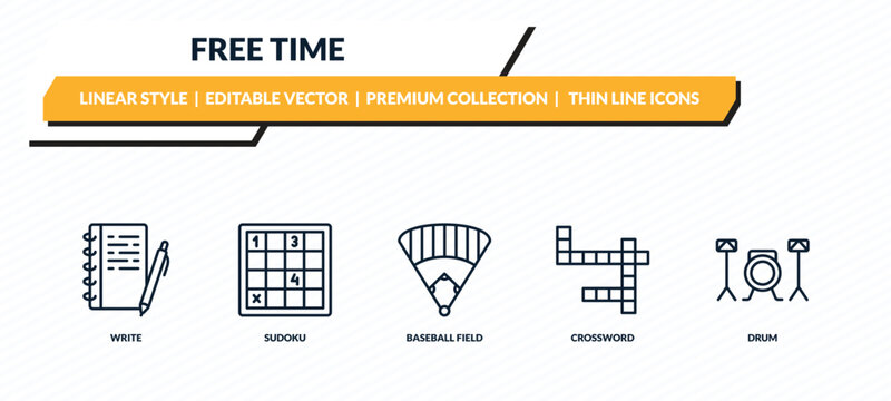 free time icons set - write, sudoku, baseball field, crossword, drum outline vector collection.
