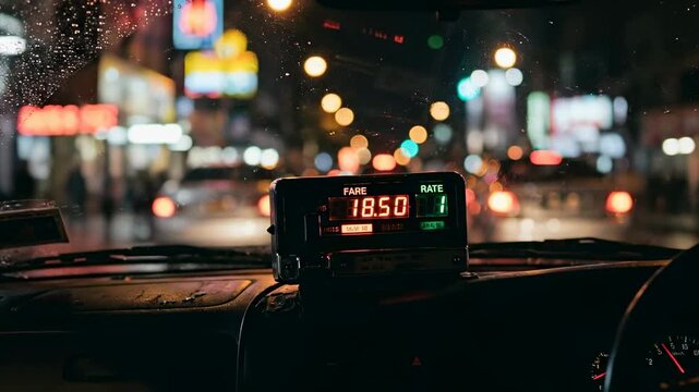 Taxi meter shows fare while vehicle moves through vibrant city at night. Rain impacts visibility with colorful lights reflecting on wet surfaces