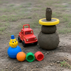 Muddy Snowman and Toy Truck on Grassy Dirt Field with Colorful Plastic Toys