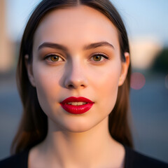 Close-up Portrait of a Young Woman with Long Brown Hair and Red Lipstick Wearing Black Top Outdoors