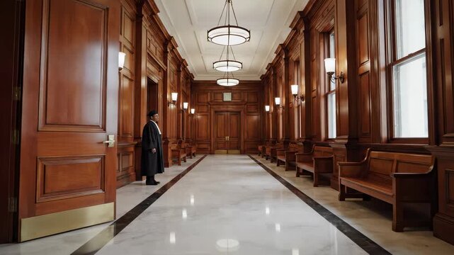Judge walks into courtroom with wooden walls and bright lights. Inside the judicial building, there are benches and a large open space. Concept of legal practice, justice, judiciary