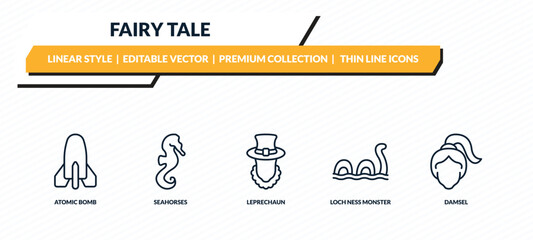 fairy tale icons set - atomic bomb, seahorses, leprechaun, loch ness monster, damsel outline vector collection. © IconArt