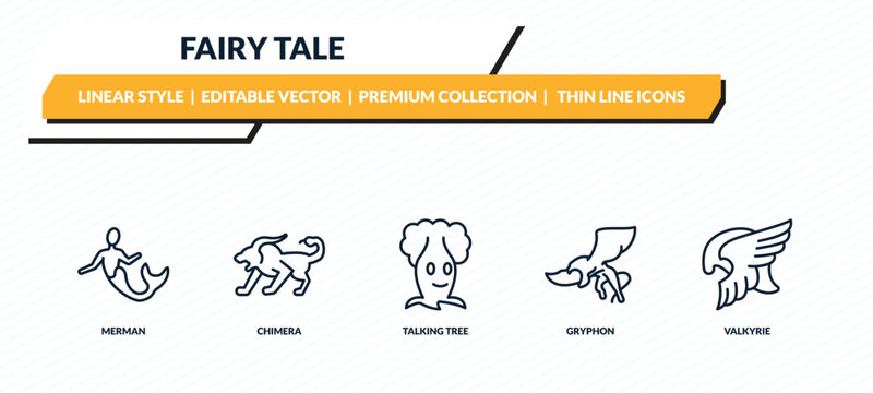 fairy tale icons set - merman, chimera, talking tree, gryphon, valkyrie outline vector collection.